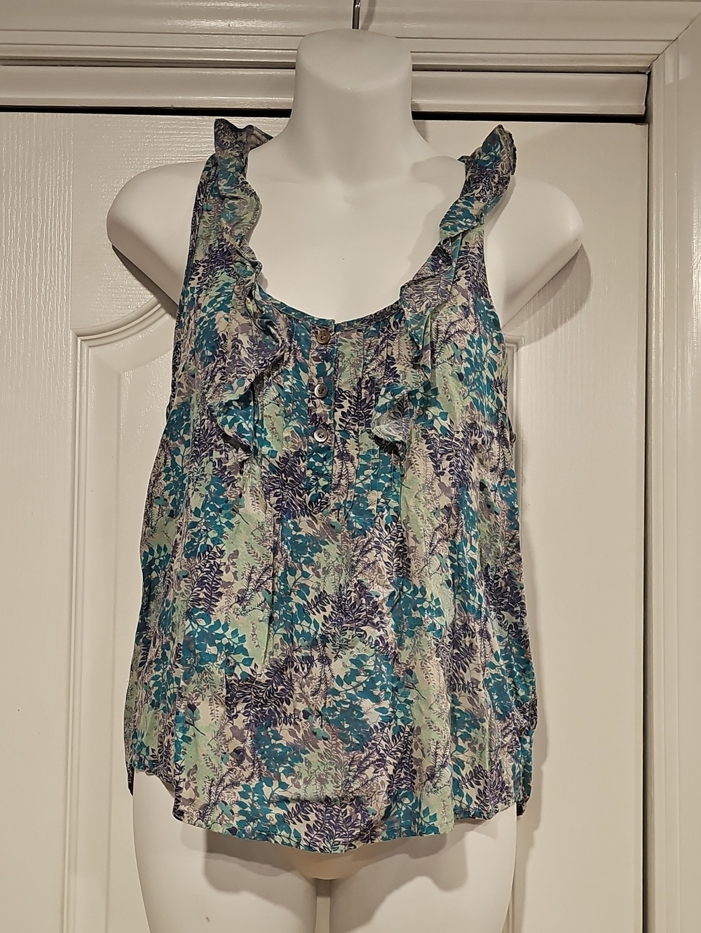 ANTHROPOLOGIE FRENCHI Ruffle Trim Racer Back Multi Print Tank Top Sz S EUC